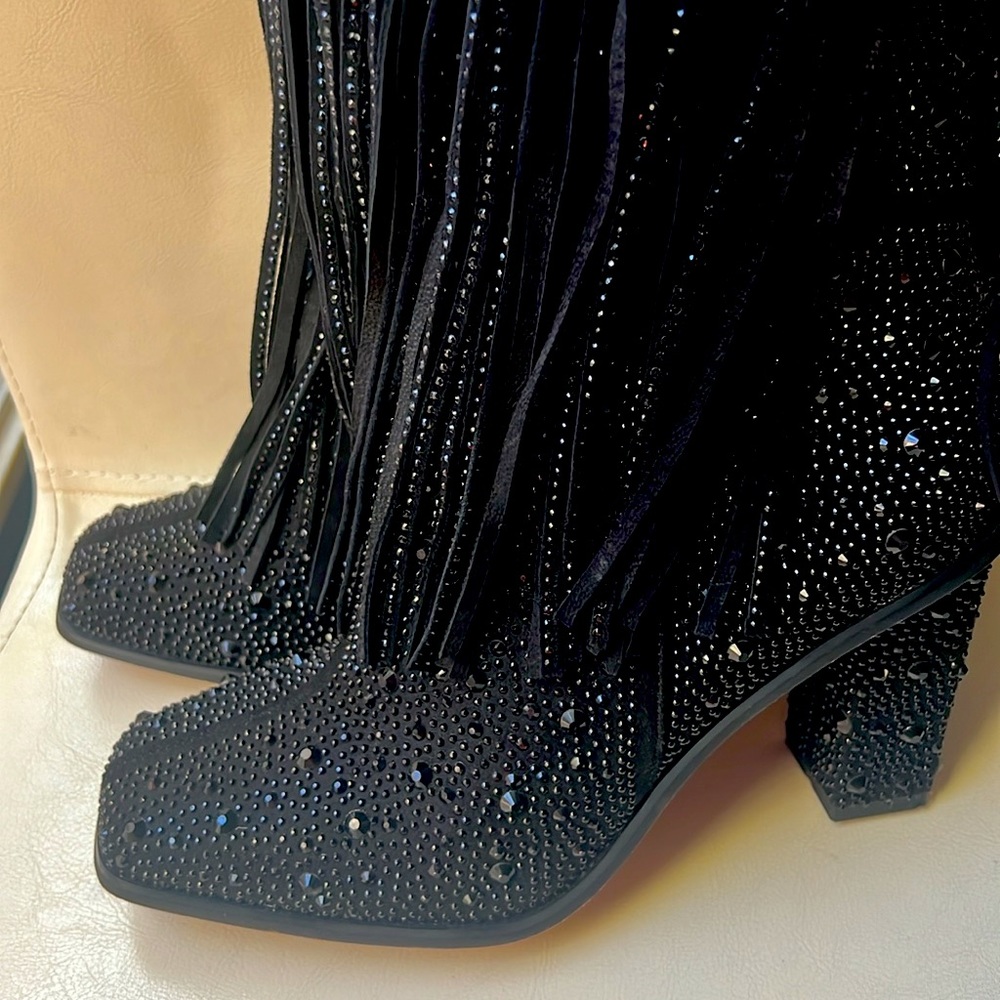 Jessica Simpson Black Rhinestone Boots with Fringe. - Picture 9 of 11